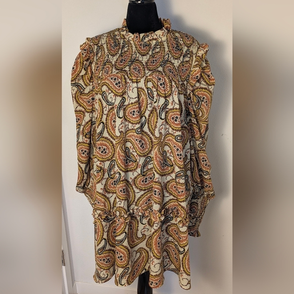 Women's Bohemian Paisley Smocked Mini Dress - Nutmeg/Yellow Size 4XL EUC